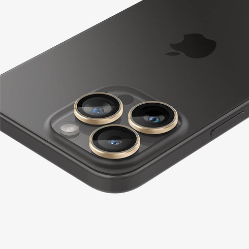 AGL07163 - iPhone 15 Pro / 15 Pro Max Optik Pro Lens Protector in natural titanium showing the device